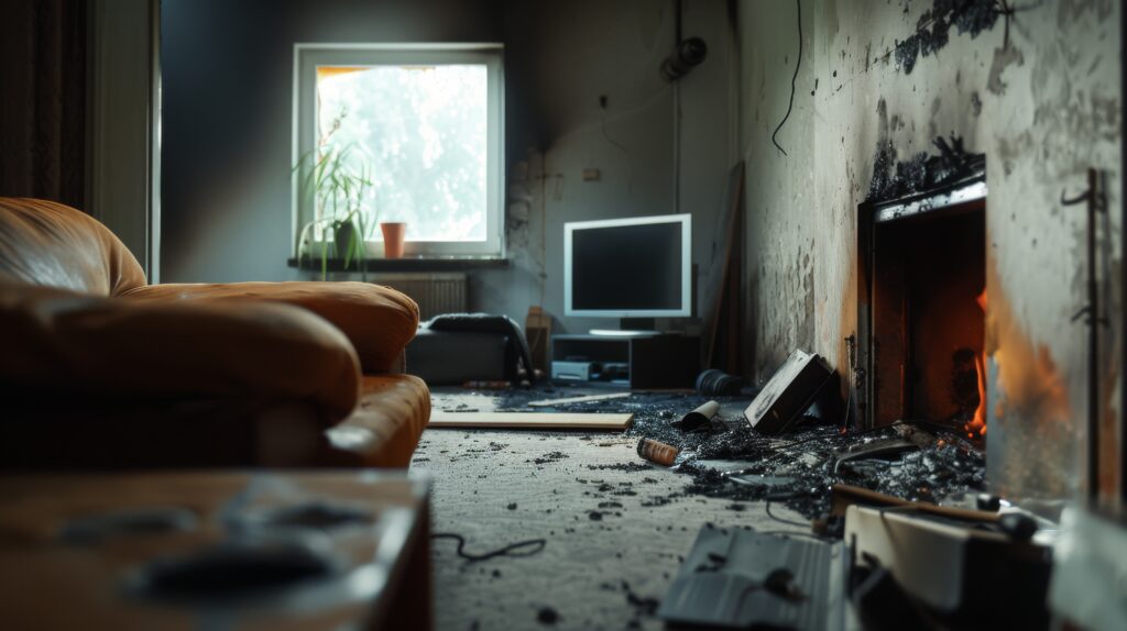 A charred living room reveals blackened walls and scattered debris, capturing the aftermath of a destructive fire and dramatic destruction.