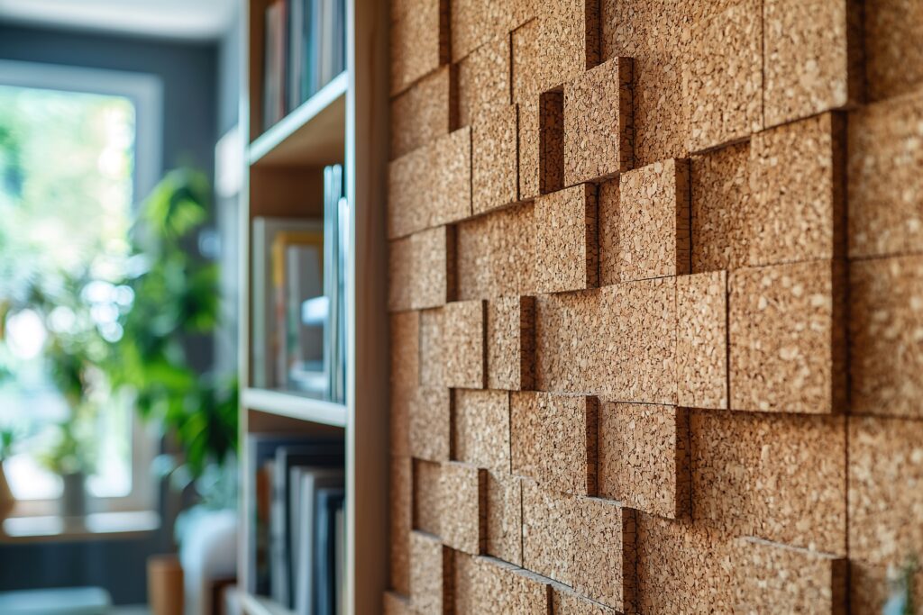 Modern cork wall texture in cozy interior design, sharp focus on details.
