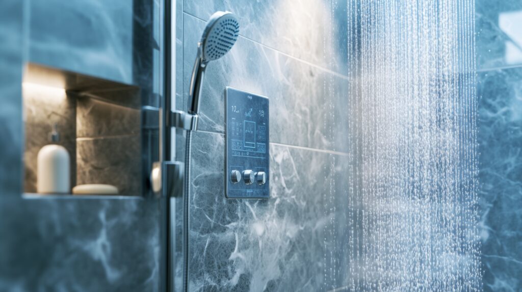 A chic smart shower system with a digital control panel, symbolizing luxury and advanced home amenities, Bathroom scene