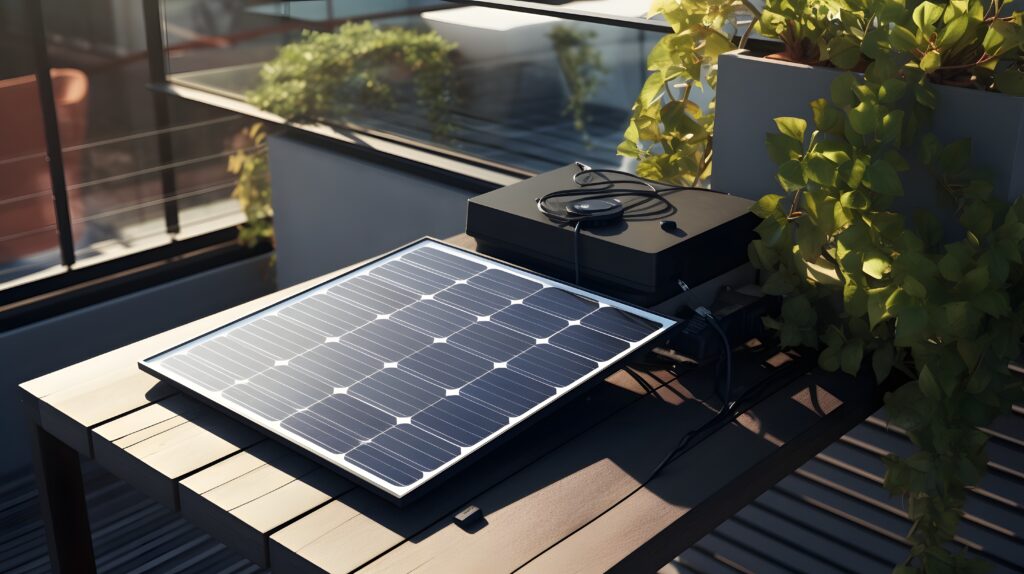 Compact and Efficient Solar Panel Charging Household Appliances on Balcony Showcasing Sustainable and Eco Friendly Lifestyle in Modern Home Setting