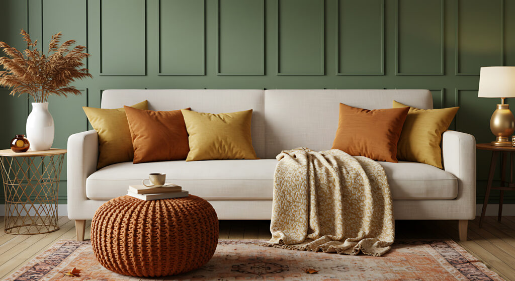 Stylish Modern Living Room Interior Scene with Cozy Sofa, Knitted Pouf and Autumnal Home Decor