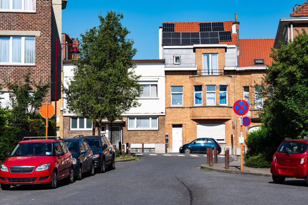 Residential area with houses and low rise apartment blocks in Berchem Sainte Agathe, Brussels Capital, Belgium 1 July 2025
