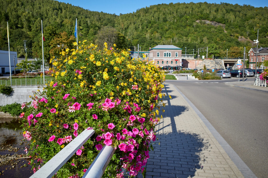 Chaudfontaine, Belgium - Sep 21, 2019: Bridge over the Vesdre river leading to the rail station