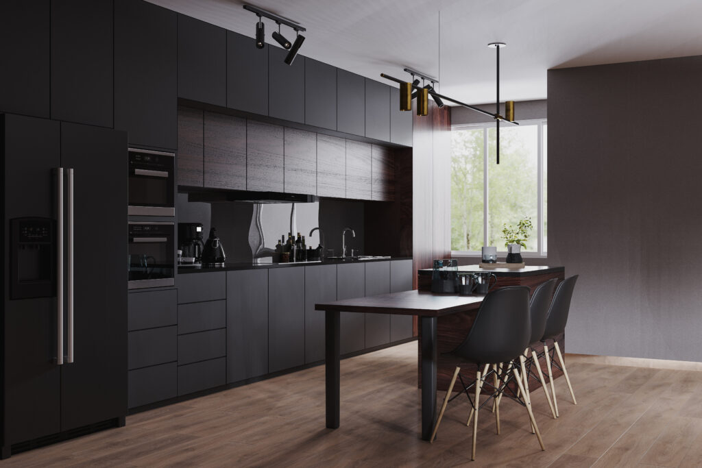 Modern dark kitchen and dinning room interior with furniture and kitchenware, grey, black and dark wood kitchen interior background, luxury kitchen, 3d rendering