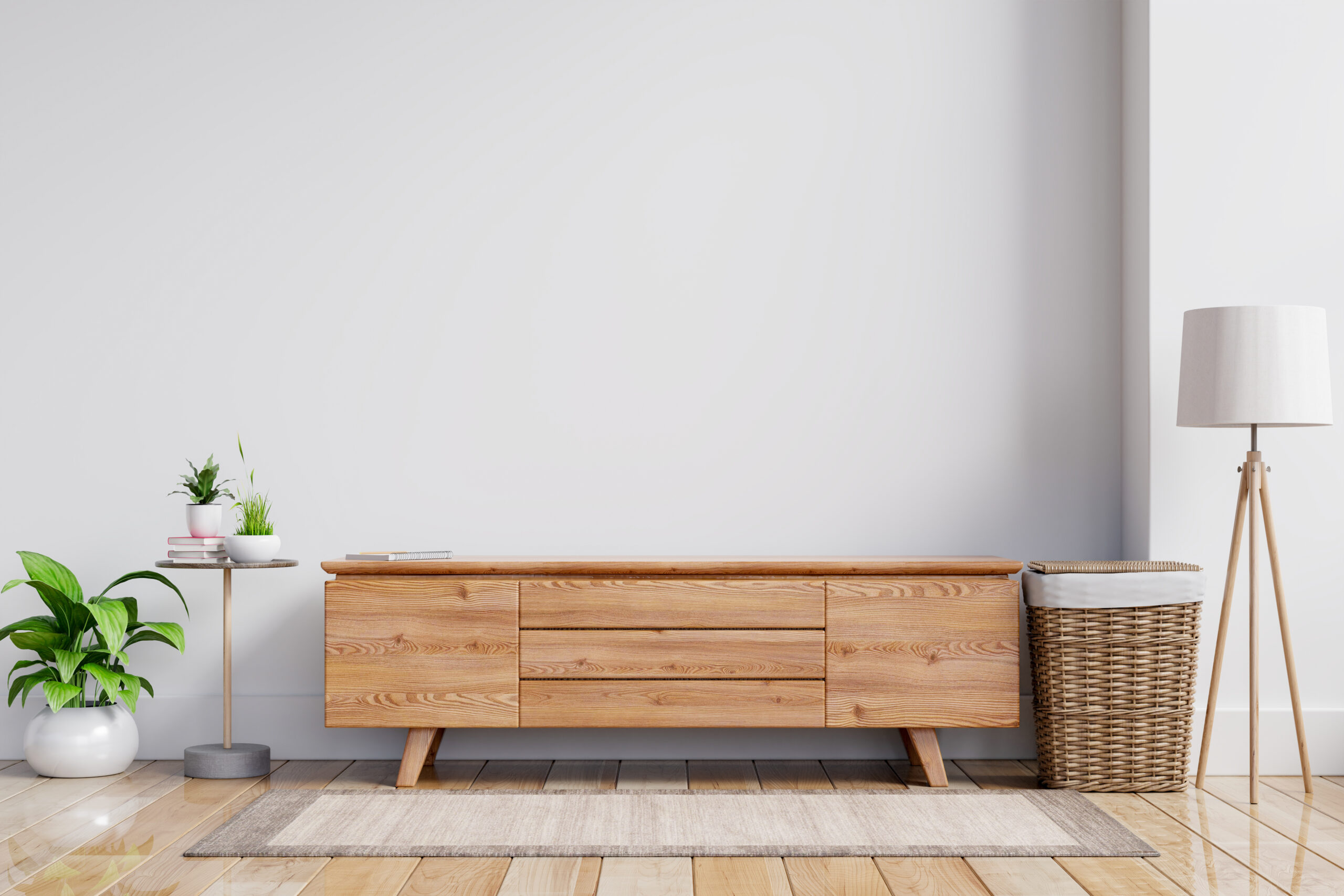 Wood TV cabinet interior wall mockup in modern empty room,minimal design, 3d rendering