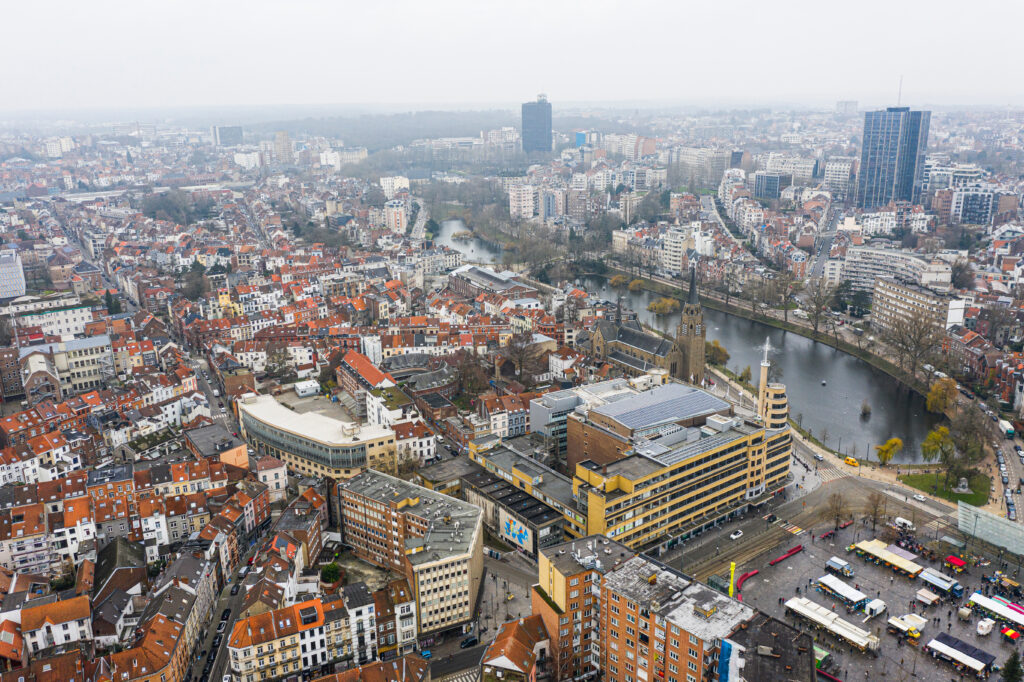 Brussels, Belgium, January 3, 2021: panorama view from above, Ixelles pons and Flagey Building on Eugène Flagey Square