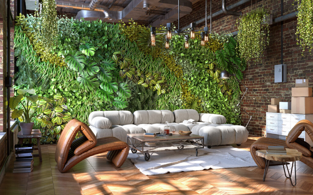 Industrial style of living room design with green wall, 3d render