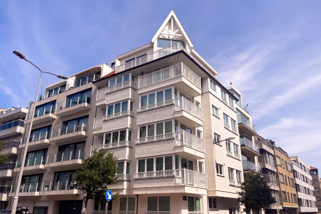 The exterior of a white building at Knokke town in Belgium