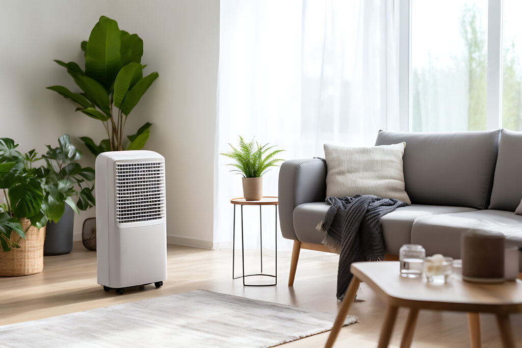 dehumidifier in a bright living room among a sofa and green houseplants, control of temperature and climate in the apartment