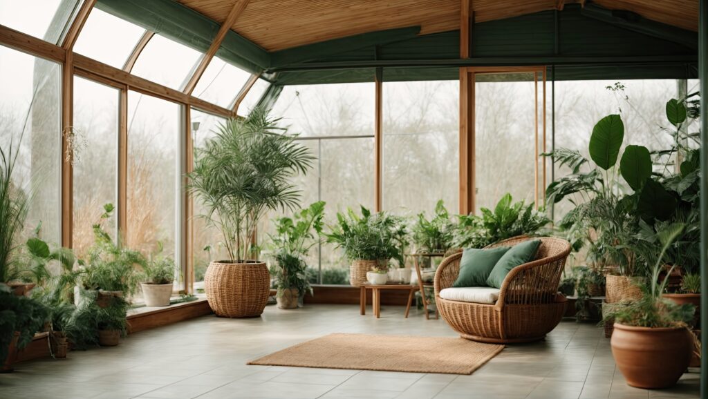 Interior of the living room of a green house, a winter garden, a glazed veranda in eco-style made of natural materials and many homemade potted plants in wicker flowerpot.