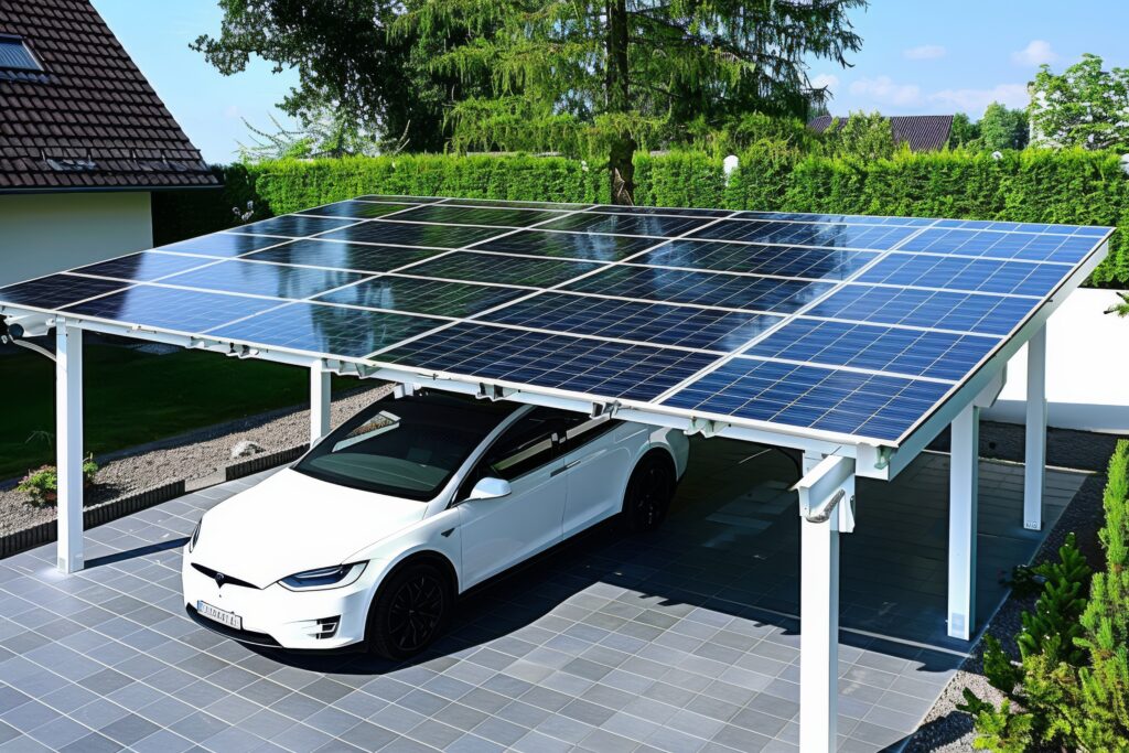 big car port with massive solar panels white car