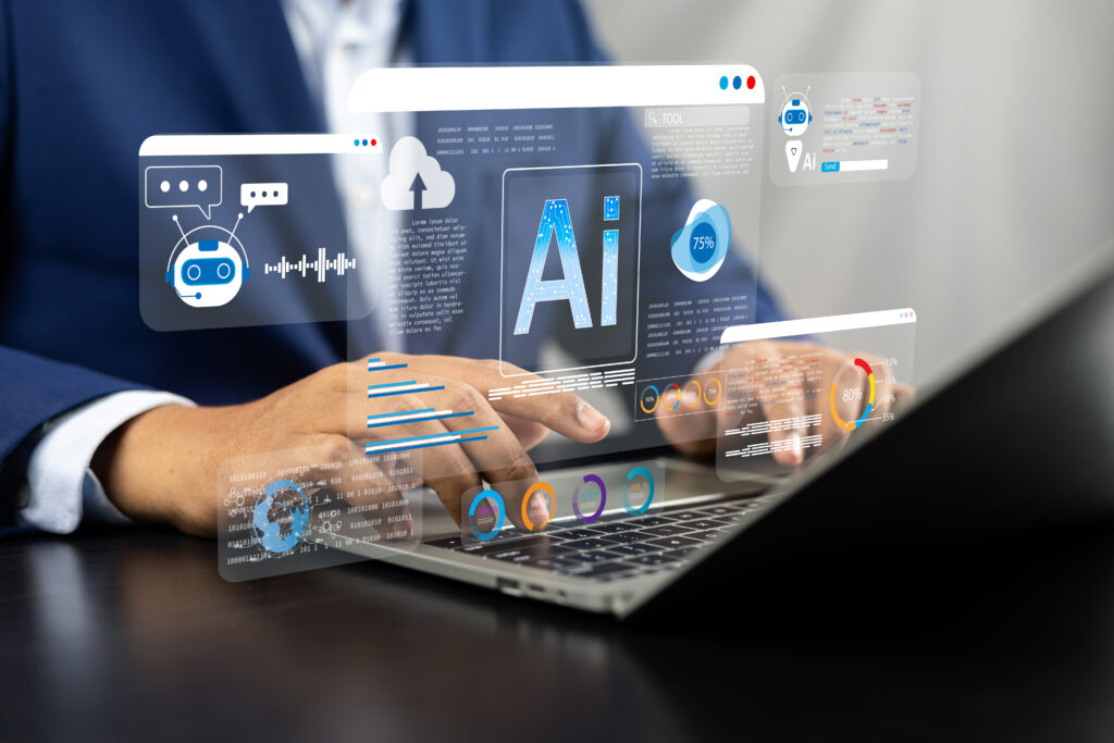 Businessman use artificial intelligence AI technology for enhanced work efficiency data analysis and efficient tools, Unlocking work potential with AI solutions chatbot help solve work problems.